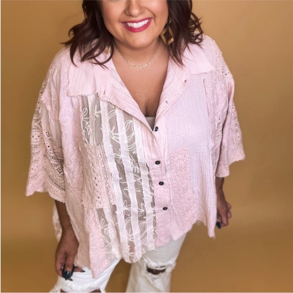 POL Mixed Fabric Button Down Patchwork Top